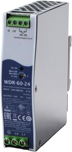 WDR-60-24 مصدر طاقة صناعي 24 فولت 2.5 أمبير 60 وات، رفيع للغاية، جهد إدخال واسع، للتحكم الآلي in Kuwait