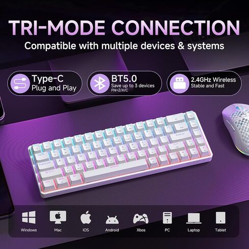 DIERYA DK68 Wireless Mechanical Keyboard, 60% Gaming Keyboard with Blue Switch, Triple Mode 2.4GHz/USB-C/BT5.0, RGB Backlit, Anti-Ghosting Keys, 68 Keys Portable Mini Wired Office Keyboard-White in Saudi Arabia
