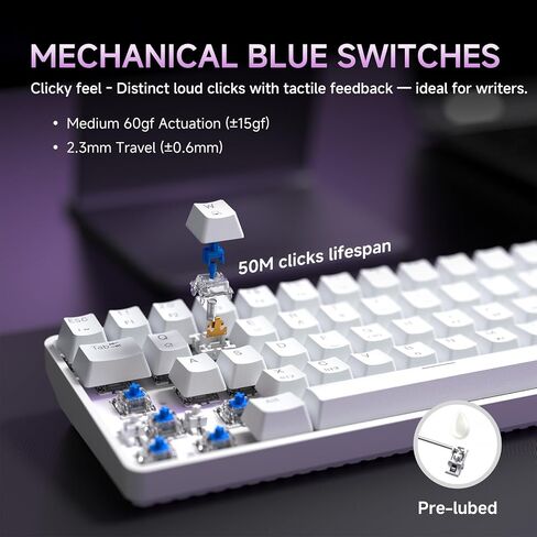 DIERYA DK68 Wireless Mechanical Keyboard, 60% Gaming Keyboard with Blue Switch, Triple Mode 2.4GHz/USB-C/BT5.0, RGB Backlit, Anti-Ghosting Keys, 68 Keys Portable Mini Wired Office Keyboard-White in Saudi Arabia