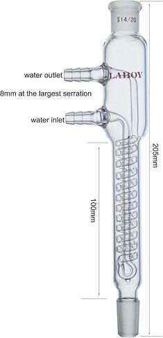 Laboy Glass Dimroth Reflux Condenser Coiled with 24/40 Joints 125mm in Coil Length 365mm in Overall Height with Glass Hose Connections Organic Chemistry Lab Glassware Apparatus in Saudi Arabia