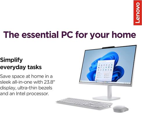 كمبيوتر مكتبي Lenovo 24 بوصة FHD الكل في واحد للمنزل والمكتب، معالج Intel، WiFi 6، HDMI، Business AIO، Vent-Hear، لوحة مفاتيح وماوس لاسلكي، Windows 11 (A100 24، ذاكرة الوصول العشوائي 16 جيجابايت | 512 جيجابايت SSD) in Kuwait