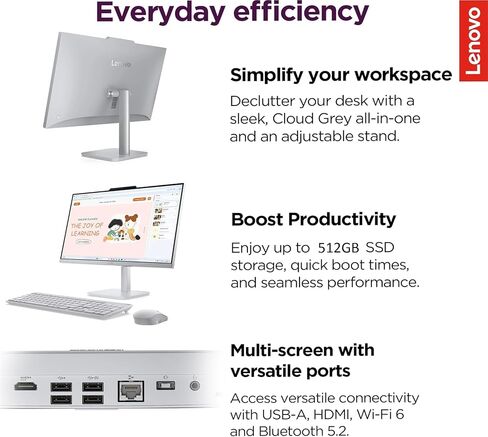 كمبيوتر مكتبي Lenovo 24 بوصة FHD الكل في واحد للمنزل والمكتب، معالج Intel، WiFi 6، HDMI، Business AIO، Vent-Hear، لوحة مفاتيح وماوس لاسلكي، Windows 11 (A100 24، ذاكرة الوصول العشوائي 16 جيجابايت | 512 جيجابايت SSD) in Kuwait