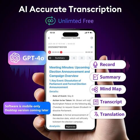 AI Voice Recorder, Note Voice Recorder, Free Transcribe & Summarize with AI Technology, App Control, Support 152 Languages, 64GB Memory, Audio Recorder for Lectures, Meetings, Calls, Black in Saudi Arabia