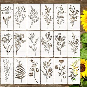 18Pcs Wildflower Stencils Flower Leaf Painting Stencils Reusable Wild Flower Stencil Plastic Art Drawing Templates DIY Crafts Plant Stencil for Painting on Wood Wall Door Canvas Home Decor