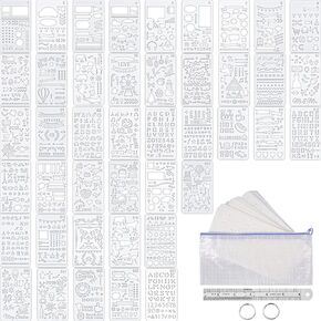 Outus 48 Pieces Journal Planner Stencils Plastic Bullet Stencil with A6 File Bag, Steel Ruler and 2 pcs Metal Key Rings for Notebook, Diary, Scrapbook and DIY Drawing Template, Total 52 Pieces