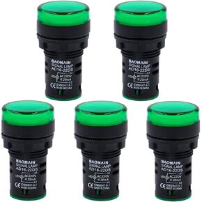 Baomain AC 220V Electrical Circuit LED Indicator Pilot Lamp, AD16 Green Light 5 Pack