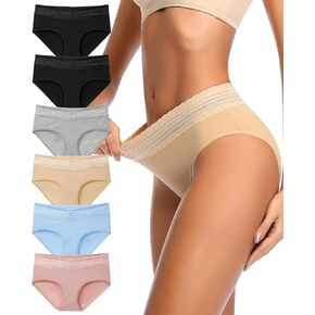 OLIKEME Cotton Underwear for Women Mid-High Waisted Lace Band Lady Panties No Show Breathable Hipster Briefs 6Pack