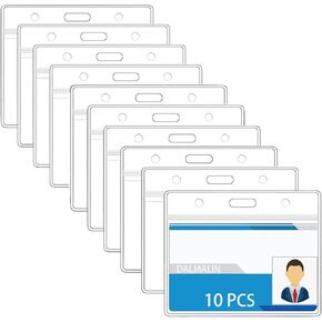 10 Pcs Clear Plastic Horizontal Name Badge ID Card Holders with Waterproof Resealable Zip, Name Tag Holder for Nurses, Office and School