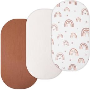 TansyPanda Muslin Bassinet Sheets for Munchkin Brica, 4moms MamaRoo, Nordmiex, Snoo Bassinet, Pack 3, 18 x 30 in, Ultra Soft, Breathable, Snug Fit, Unisex Boys and Girls, Pink Rainbow
