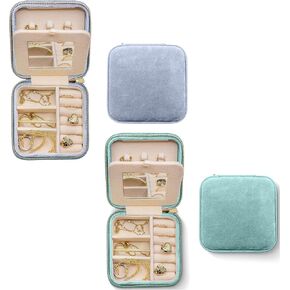 Benevolence LA Periwinkle Blue and Cyan Plush Velvet Travel Jewelry Organizer Box | Travel Jewelry Case | Valentine's Day Gifts For Her | Jewelry Travel Organizer with Mirror