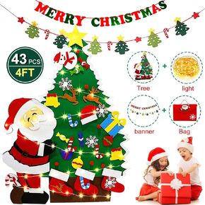 4FT DIY Felt Christmas Tree for Kids Wall with Lights 43PCS Toddler Christmas Tree Set with Detachable Ornaments Banner Home Door Wall Hanging Xmas Decorations Gift