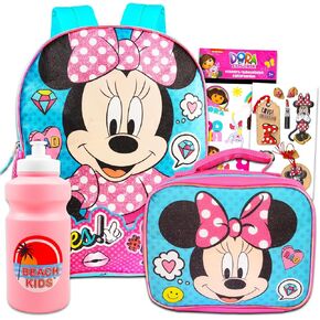 Disney Studio Disney Minnie Mouse Backpack with Lunch Box for Girls - 5 Pc Bundle With Large 16 Minnie Mouse Bag, Insulated Lunch Bag, Stickers, and More (Minnie School Supplies)