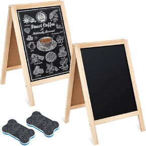 2 Pcs 15.6" x 9.75" Small Chalkboard Signs Tabletop Menu Board Wooden a Frame Chalkboard Easel Sandwich Board Double Sided Chalkboard with 2 Eraser for Wedding Parties Display Sidewalk Message Sign