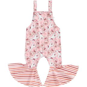 Toddler Infant Baby Girls Easter Jumpsuit Bunny Print Sleeveless Ribbed Bell Bottom Suspender Overalls Spring Outfits