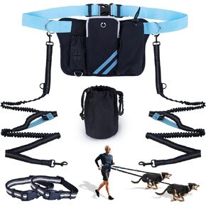 Hands Free Dog Leash for 2 Dogs with Dual Bungees, Reflective Stitches & Retractable Waist Leash for Dog Walking, Adjustable Dog Running Waist Belt with Pouch for Running, Walking, Hiking & Jogging