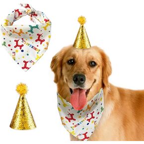 Dog Birthday Hat and Dog Birthday Bandana for Boy/Girl Dog Party Hat Scarf for Small Medium Large Dog Pet Dog Birthday Party Supplies(Gold)