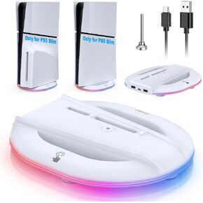 حامل رأسي FASTSNAIL 2023 مع ضوء RGB فقط لوحدة التحكم PS5 Slim، ومحطة قاعدة LED مع 14 وضعًا للضوء ومنفذي USB ومسمار، بديل لإصدار Playstation 5 Slim الرقمي/القرص in Kuwait