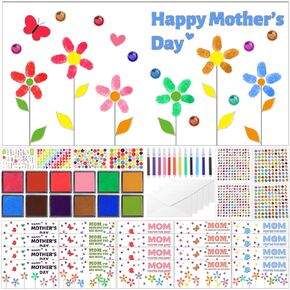 Lonfliness 36 Packs Mother's Day Card Craft Kit with 12Pcs Finger Paints and 12pcs Markers DIY Mothers Day Greeting Cards Craft Gifts for Mom Classroom Fun Home Game Activities Party Supplies Decor