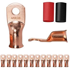12PCS 2/0x3/8 Copper Ring Terminal Connectors 2/0 AWG Heavy Duty Battery Cable Ends Bare Copper Lugs with 12 PCS 3:1 Heat Shrink Tubing for Vehicle Boat Marine Use