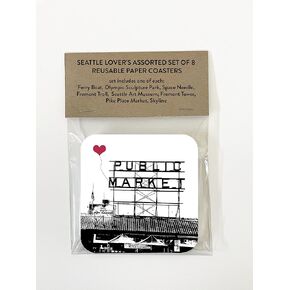 Seattle Washington Landmarks Reusable Paper Drink Coaster Assorted Set of 8
