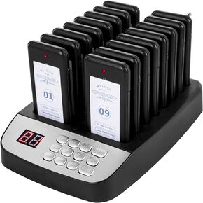 16-Buzzer Restaurant Pager System, Wireless Calling System with LCD Screen, Waterproof Queue Waiting Pagers for Hospital Church Food Truck, 984ft-1640ft Indoor Range, Vibrate Flash Beep