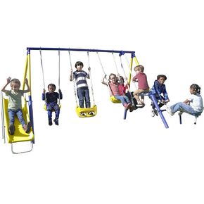 Sportspower Royal Fun Metal Swing Set: 2 Swings/Standing Swing, 2 Kid Roman Glider Swing, 38" Saucer Swing + 5' Wavy Slide, EXCEEDS All ASTM Safety Standards *Bonus 4pc Anchor Kit*
