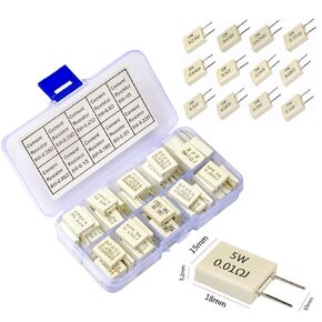 Kidisoii Cement Resistor 5W Assortment Kit, 5W 0.05Ω/0.1Ω/0.15Ω/0.2Ω/0.22Ω/0.25Ω/0.33Ω/0.47Ω/0.5Ω/1Ω Ohm 5W Ceramic Cement Resistor ±5% Tolerance Cement Resistors DIY Kit