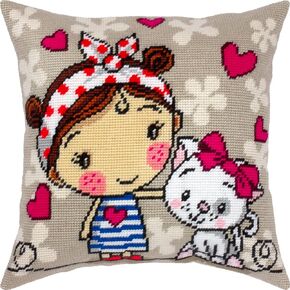 Brvsk Needlepoint Kit for Adults and Beginners — A Girl and a Kitten 16″ × 16″ with Clear, Precise Printed Design on Cotton Canvas; Includes 2 Needles, Yarn, and Easy-Read Chart