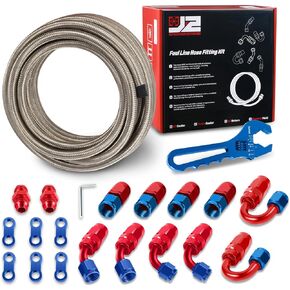 J2 Engineering 6AN 25FT 0.34inch ID Stainless Steel Braided CPE Fuel Line with Swivel Hose End Fitting Adapter Kit, Silver, J2-FLS-CPE-06-SL