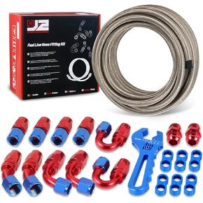 J2 Engineering 10AN 25FT 0.56" ID Stainless Steel Braided CPE Fuel Line with Swivel Hose End Fitting Adapter Kit, Silver, J2-FLS-CPE-10-SL