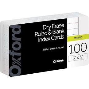 Oxford Dry Erase Index Cards, 3x5, Blank & Ruled Multipack, Reusable Flash Cards, Double Sided Dry & Wet Erase Cards for Gaming, Study, 100-Pk (63516)