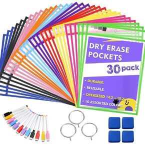 Dry Erase Pocket Reusable Dry Erase Pockets Sheet Clear Durable Plastic Sleeves 10" x 13" 30 Pack Pockets