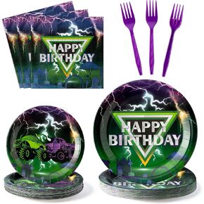 G1ngtar 96Pcs Monster Truck Party Plates Supplies Happy Birthday Green Purple Monster Truck Party Tableware Decorations Disposable Paper Plates Napkins Forks for Kids Birthday Baby Shower, Serves 24 in Kuwait