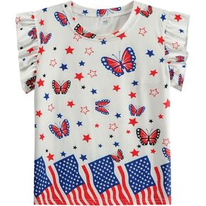 Toddler Girls July 4th Shirts American Flag Ruffle Short Sleeve Patriotic Outfits Blouse Tops