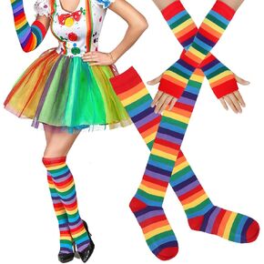 BASEMMAHER Womens Rainbow Knee High Socks Gloves Striped Arm Warmer Sleeves Fingerless Gloves Colorful Over Knee High Socks for Girls Pride Day Parade Cosplay Costume Party