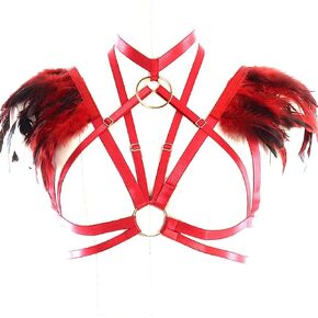 Womens Feathers Harness Bra Epaulette Shoulder Wings Women Festival Rave Gothic Punk Body Plus Size