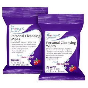 The Pharma-C Company Personal Cleansing Wipes [2 packs of 20 wipes] - Enriched with Cranberry & Aloe Vera. Feminine Intimate Hygiene Wipe. 99% Natural Origin.