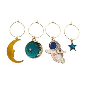 4pcs Cute Astronaut and Planet Pendant Wine Charms, Moon and Star, Glass Marker for Party, Space Lover Gift, 2cm Hoop