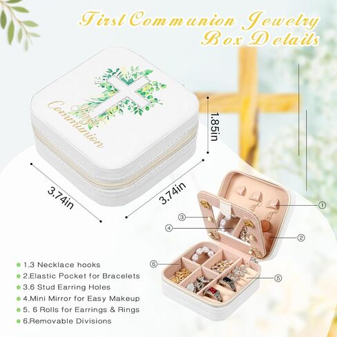 Landical هدايا المناولة الأولى للفتيات صندوق المجوهرات للمناولة المقدسة الأولى حامل مجوهرات السفر مع مرآة صغيرة منظم مجوهرات السفر للخواتم والأقراط والقلائد هدايا فتاة in Kuwait