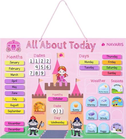 Navaris Kids Magnetic Calendar Board - My First Calendar Daily Magnet Stickers Wall Chart with Seasons, Weather, Months for Children - Pink Princess in Saudi Arabia