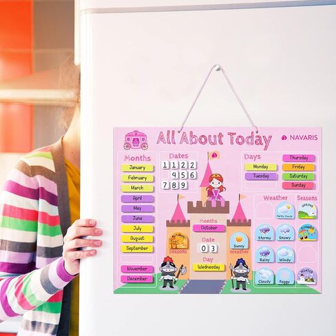 Navaris Kids Magnetic Calendar Board - My First Calendar Daily Magnet Stickers Wall Chart with Seasons, Weather, Months for Children - Pink Princess in Saudi Arabia