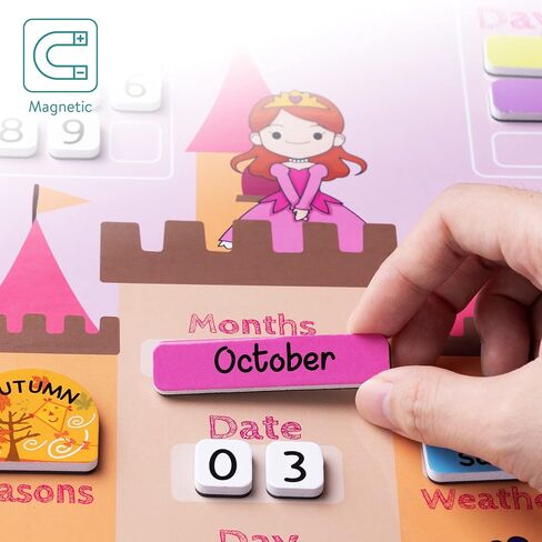 Navaris Kids Magnetic Calendar Board - My First Calendar Daily Magnet Stickers Wall Chart with Seasons, Weather, Months for Children - Pink Princess in Saudi Arabia
