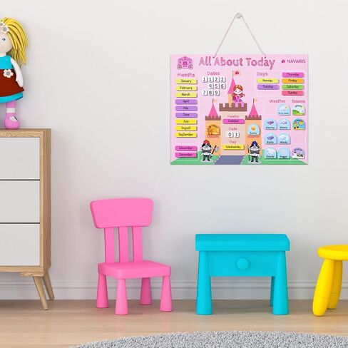 Navaris Kids Magnetic Calendar Board - My First Calendar Daily Magnet Stickers Wall Chart with Seasons, Weather, Months for Children - Pink Princess in Saudi Arabia