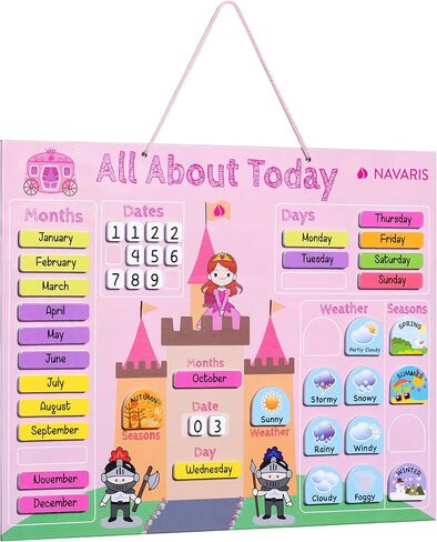 Navaris Kids Magnetic Calendar Board - My First Calendar Daily Magnet Stickers Wall Chart with Seasons, Weather, Months for Children - Pink Princess in Saudi Arabia