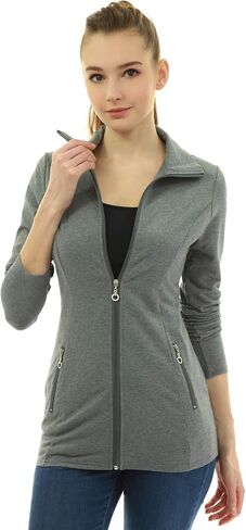 AmélieBoutik Women Cotton Blend Turtleneck Collar Pockets Long Sleeve Full Zip Hip Length Jacket in Saudi Arabia