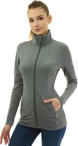 AmélieBoutik Women Cotton Blend Turtleneck Collar Pockets Long Sleeve Full Zip Hip Length Jacket in Saudi Arabia