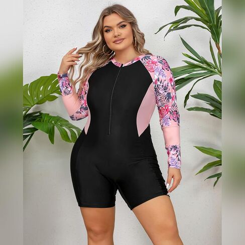 FYMNSI Women Plus Size Zipper Rash Guard Sun Protection Surf Rashguard Boyleg One Piece Sport Swimsuit Padded Bathing Suit in Saudi Arabia