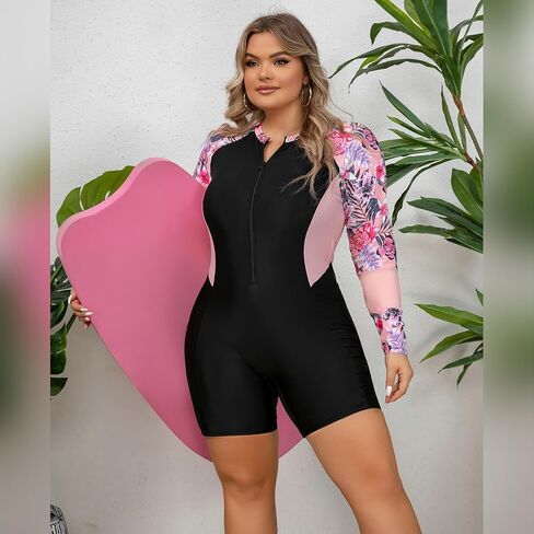 FYMNSI Women Plus Size Zipper Rash Guard Sun Protection Surf Rashguard Boyleg One Piece Sport Swimsuit Padded Bathing Suit in Saudi Arabia