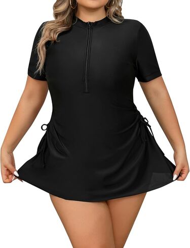 FYMNSI Women Plus Size Zipper Rash Guard Sun Protection Surf Rashguard Boyleg One Piece Sport Swimsuit Padded Bathing Suit in Saudi Arabia