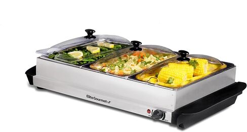Elite Gourmet EWM-6171 Triple 3 x 2.5 Qt. Trays, Buffet Server, Food Warmer Temperature Control, Clear Slotted Lids, Perfect for Parties, Entertaining & Holidays, 7.5 Qt Total, Stainless Steel in Saudi Arabia